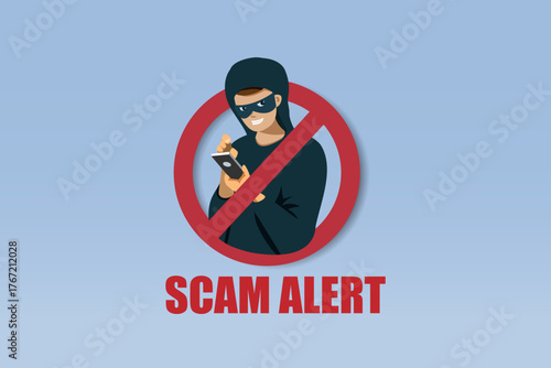 Scammer in stop sign using mobile phone online phishing, scamming victim users. Design and symbol for stop cyber attack and digital crime. Vector.