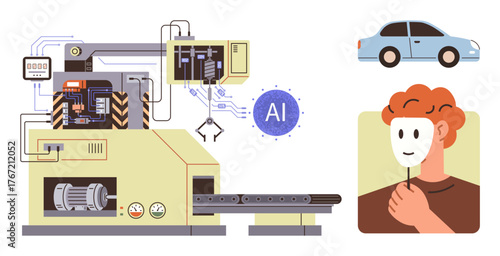Automated robotic arm equipped with AI, person holding a mask symbolizing identity, and self-driving car. Ideal for AI, robotics, automation, ethics, technology innovation future. Simple flat