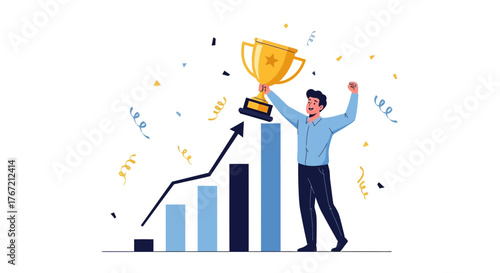 Achieving Business Victory, Celebrating Success, Award Trophy, Financial Growth Boost