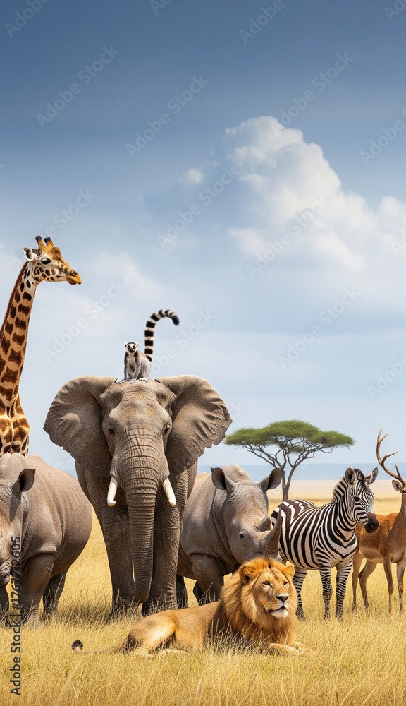 Fototapeta premium A variety of wild animals standing together on the african savanna.