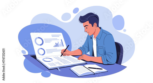 Analyst Working On Charts And Notebook For New Business Strategies And Studies.