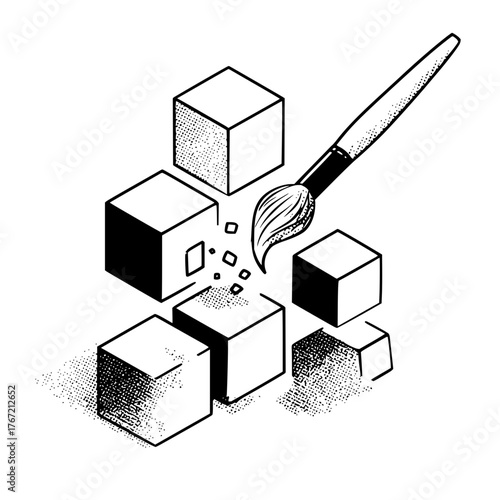 A paintbrush hovering over a collection of cubes with varying textures and shadow effects in monochrome style
