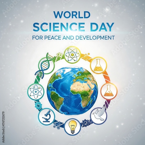 World science day for peace and development with earth and scientific icons