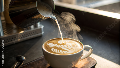 Artistic latte art poured into a steaming white coffee cup, creating a perfect morning ritual moment bathed in warm sunlight.