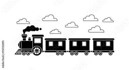Classic Black Steam Train Moving Through White Clouds Ideal For Travel Education Kids Design