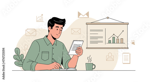 Business Analyst Crafting Report and Observing Chart Trends for Success and Analysis