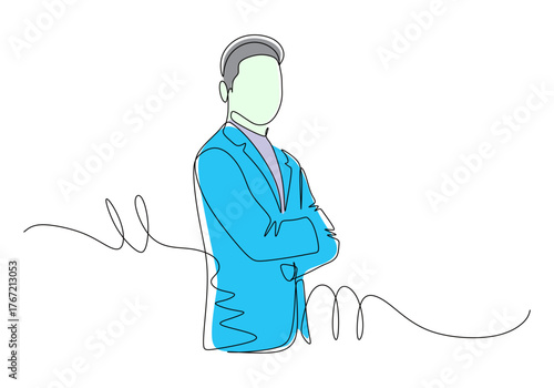 Continuous line art of a young male boss relaxing and folding his arms across his chest. Vector illustration with beautiful colors.