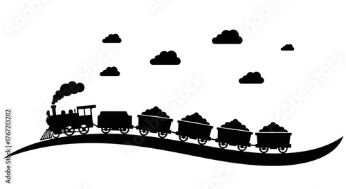 Vintage Coal Train Hauling Freight Uphill for Industry Logistics and Transportation Design