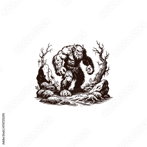 Vintage-style black and white ink drawing of a fierce, hairy mythical beast, often called a monster, ogre, or troll, standing aggressively in a rocky, barren forest landscape