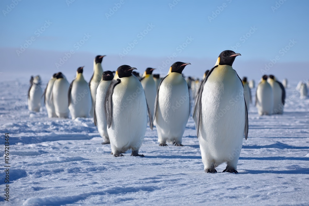 Obraz premium Emperor penguins gather on the sea ice of the Weddell Sea under a clear blue sky in Antarctica during the winter months