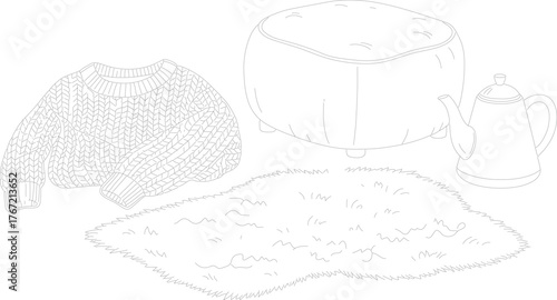 Cozy Winter Day Still Life: A knitted sweater, a plush ottoman, a fluffy rug, and a teapot create a warm, inviting scene of a cozy winter day.