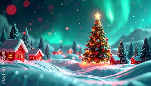 Enchanting Winter Landscape Featuring Northern Lights Over a Snowy Pine Forest at Christmas Time