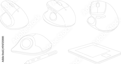 Innovation's Architects: A minimalist monochrome composition showcasing diverse mouse designs and a pen tablet, symbolizing cutting-edge technology and design innovation. 