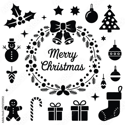 Festive Christmas Icons and Decorations Set for Holiday Season with Tree Stars Bells Wreath and Merry Christmas Greeting for Graphic Design Projects