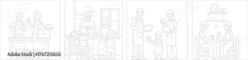Family cooking together: A sequence of heartwarming illustrations depicts a family unit engaging in culinary activities together, each frame tells a story of togetherness and shared joy. 