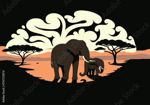 African Elephants Under Dramatic Sunset in Savanna Landscape