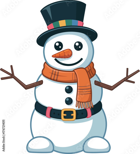 Festive Snowman Cartoon Character with Black Top Hat and Orange Scarf Welcoming Winter and Holiday Cheer Bringing Joy and Merriment