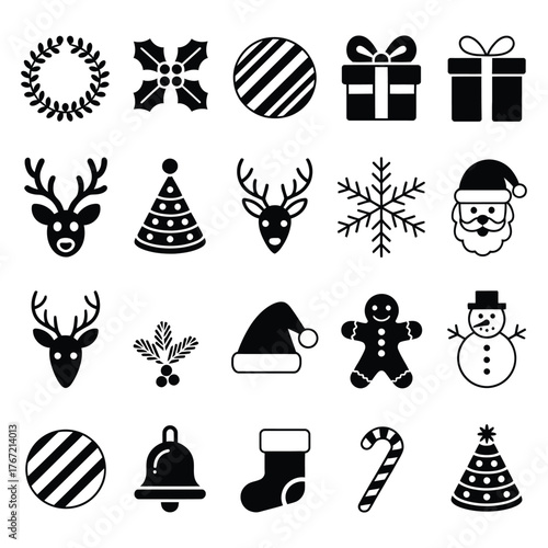 Festive Holiday Icons and Symbols Collection for Christmas Celebrations and Winter Season Designs and Graphic Projects Black and White Style