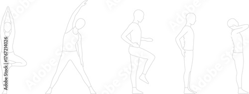 Yoga Poses Sequence: A minimalist line drawing showcases a sequence of yoga poses, capturing the elegance of movement and promoting health and mindfulness.