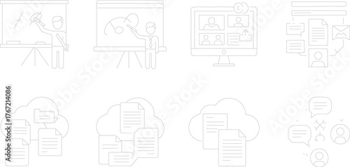 Business Communication and Collaboration Icon Set: An engaging collection of line art icons depicting diverse facets of business communication and collaboration. Featuring elements like presentations.