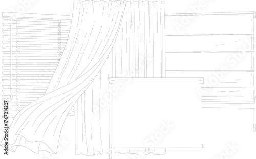 Elegant Window Art: Delicate line art captures the essence of a serene window scene, featuring gently draped curtains and sleek blinds. The focus is on the interplay of light and shadow.