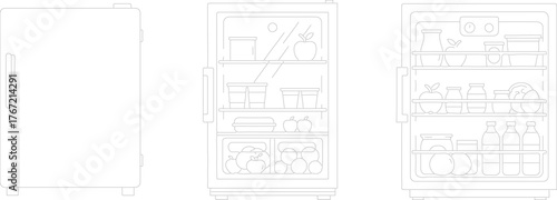Appliance Showcase: A stylized depiction of a refrigerator, its door shut and then opened to reveal its interior filled with groceries, highlighting its functionality and organization.