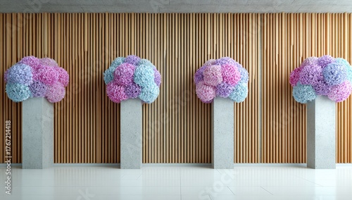 Four pastel floral arrangements stand on concrete pedestals against a wood slat wall.