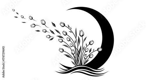 Black Crescent Moon Silhouette with Tulips Blowing Away for Memorial Tattoo Design