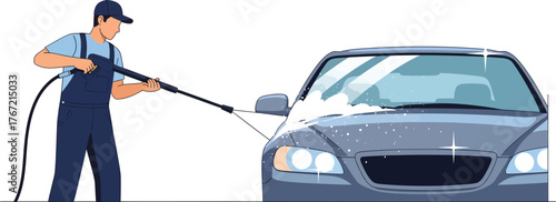 Dedicated worker power washing a car with determination, automotive care meets sparkling clean results every time