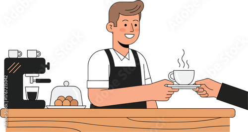 Friendly barista serving fresh, hot coffee to a customer at a bustling cafe, ready for a productive day