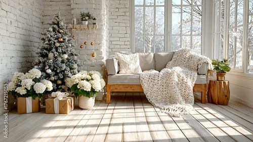 Christmas tree gifts sofa and flowers in bright room with window and sunlight.