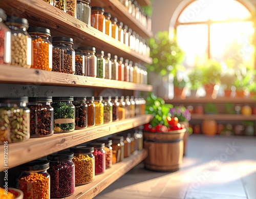 Wallpaper Mural Abundance Of Jars With Colorful Spices On Wooden Shelves in Bright Interior Torontodigital.ca