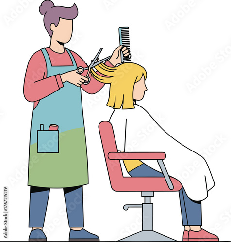 Stylist cutting blonde hair with scissors and comb in salon, professional grooming and modern beauty treatment