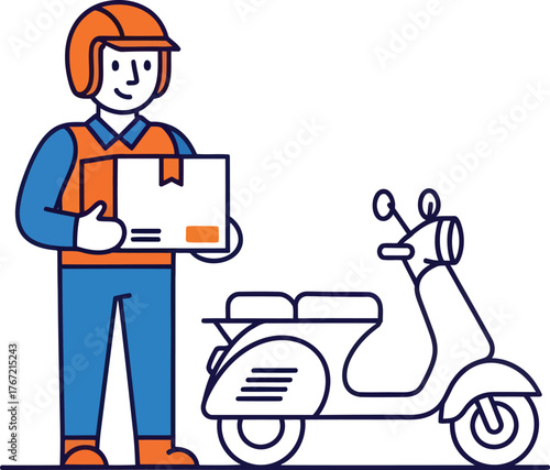 Modern delivery guy with package near scooter promises fast efficient service in urban environment for e-commerce