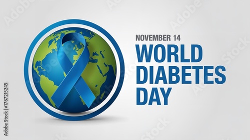 World diabetes day graphic featuring earth globe and blue ribbon for november fourteenth awareness