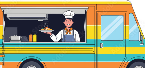 Cheerful chef serving delicious food from colorful mobile food truck for hungry customers on the go