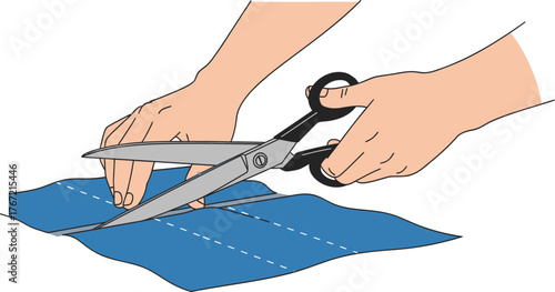 Creative hands cutting fabric with scissors precisely along dotted line for crafting and diy projects