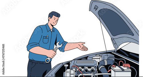 Friendly mechanic with wrench diagnosing car engine problem offering expert advice for automotive repair service