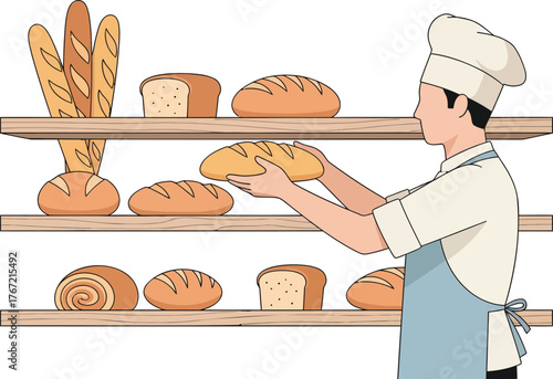 Dedicated baker arranging freshly baked bread loaves on shelves for customers at local bakery shop today