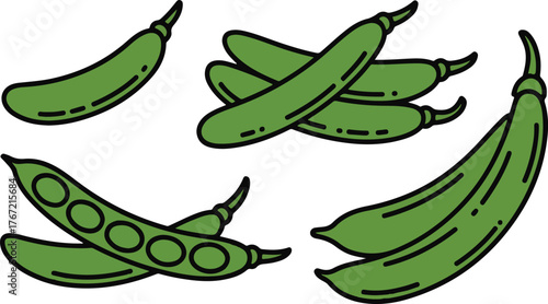 Set of Fresh Green Pea Pods - Whole and Open Vegetable Vector Icons