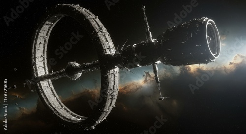 Fototapeta Naklejka Na Ścianę i Meble -  Futuristic space station with ring structure in deep space