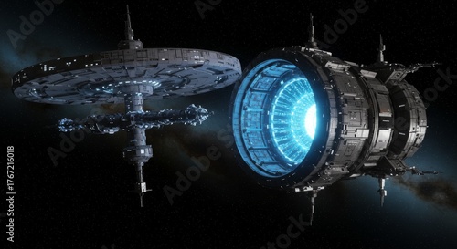 Fototapeta Naklejka Na Ścianę i Meble -  Futuristic space stations in deep space with glowing portal