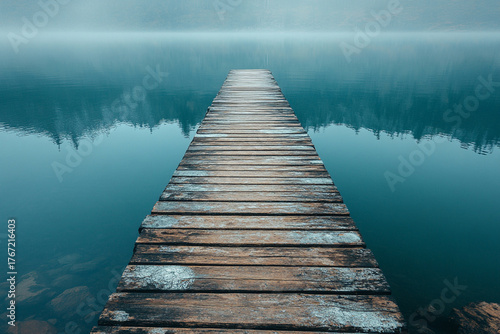 Fototapeta Naklejka Na Ścianę i Meble -  A Lonely Wooden Pier Reaching Into a Glassy Lake A weathered pier extends into serene waters, inviting contemplation
