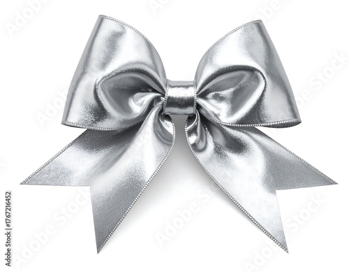 Close-up of a shiny, silver bow with long, pointed tails on white