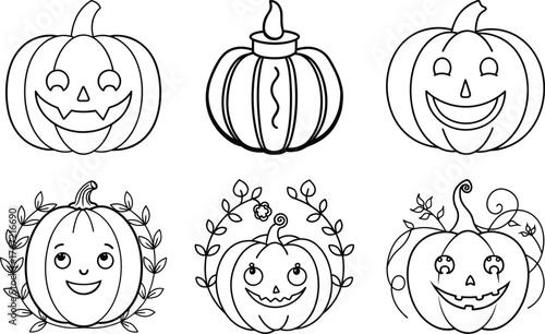 Halloween Pumpkin Face Expressions Line Art Design