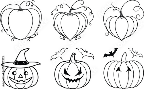 Funny Pumpkin Emotions Halloween Outline Illustration
