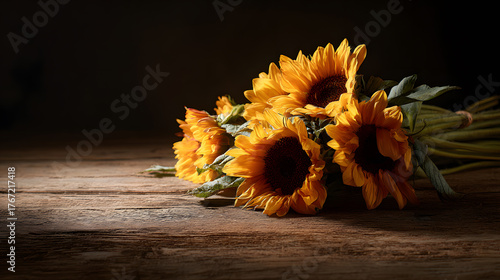 Sunflower bouquet on a rustic wooden surface with warm directional lighting.