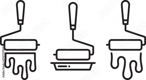 Set of Paint Roller and Dripping Paint Outline Icons - House Renovation Vector