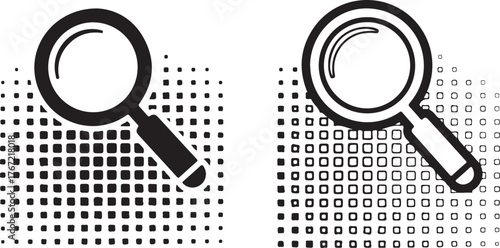 Vector art of two magnifying glass icons with halftone dot pattern effect icon on