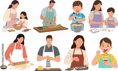 Vector Illustration of Family Cooking Scene in Modern Style with Children and Adults Preparing Food